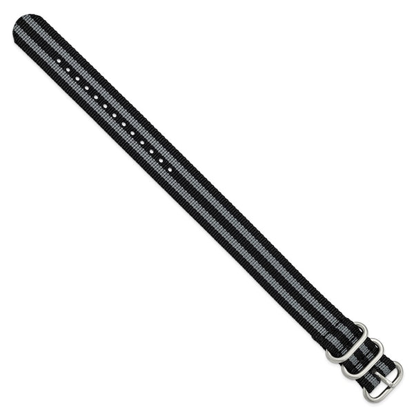 DeBeer 20mm One-Piece Black and Grey Striped Military Ballistic G10 Nylon with Brushed Stainless Steel Buckle 10.75 inch Watch Band