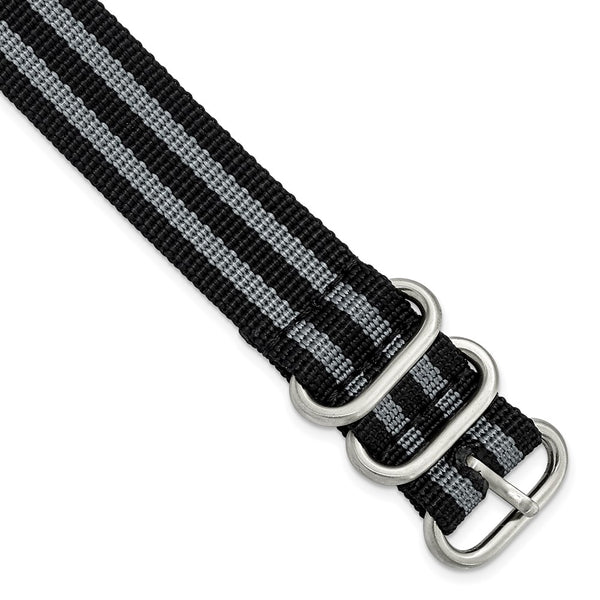 DeBeer 20mm One-Piece Black and Grey Striped Military Ballistic G10 Nylon with Brushed Stainless Steel Buckle 10.75 inch Watch Band