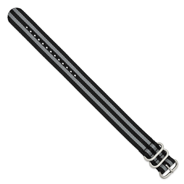 DeBeer 22mm One-Piece Black and Grey Striped Military Ballistic G10 Nylon with Brushed Stainless Steel Buckle 10.75 inch Watch Band