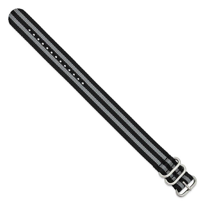 DeBeer 22mm One-Piece Black and Grey Striped Military Ballistic G10 Nylon with Brushed Stainless Steel Buckle 10.75 inch Watch Band