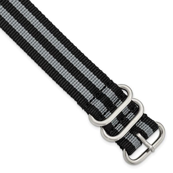 DeBeer 22mm One-Piece Black and Grey Striped Military Ballistic G10 Nylon with Brushed Stainless Steel Buckle 10.75 inch Watch Band