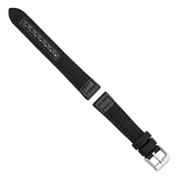 DeBeer 18mm Black Nylon Canvas with Leather Trim and Silver-tone Panerai Style Buckle 7.75 inch Watch Band