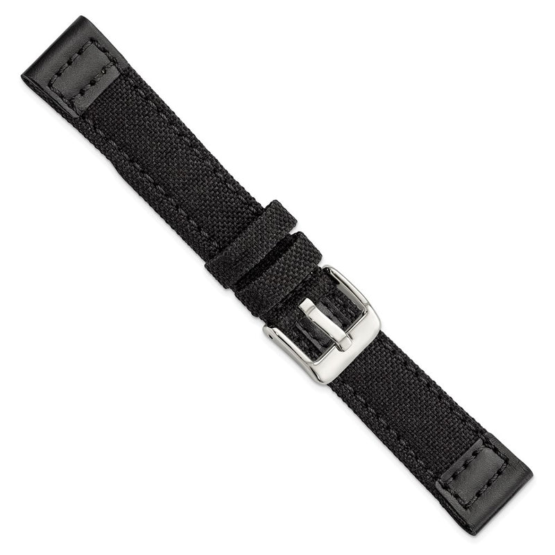 18mm Black Nylon Canvas with Leather Trim Silver-tone Buckle Watch Band