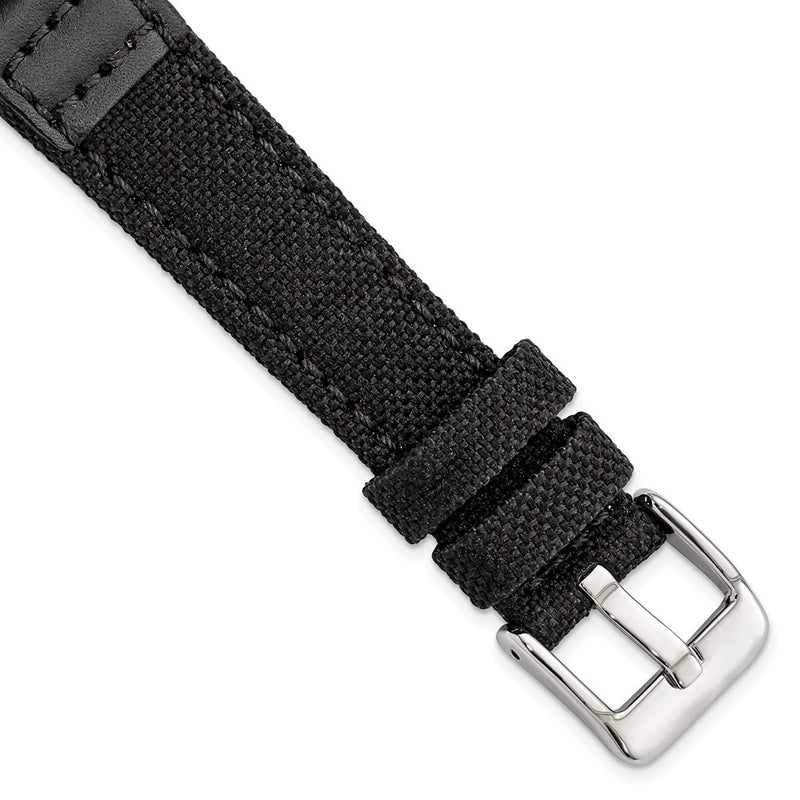 18mm Black Nylon Canvas with Leather Trim Silver-tone Buckle Watch Band