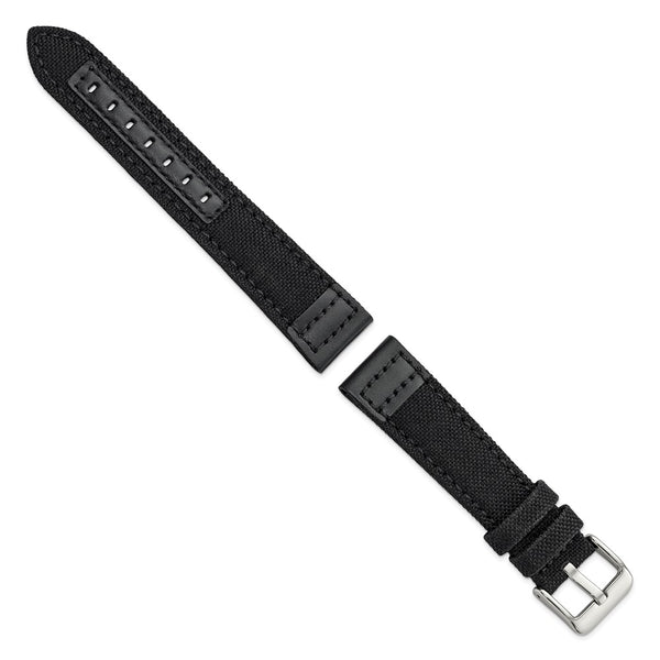 20mm Black Canvas/Leather Trim Silver-tone Buckle Watch Band