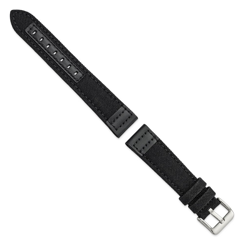 DeBeer 20mm Black Nylon Canvas with Leather Trim and Silver-tone Panerai Style Buckle 7.75 inch Watch Band