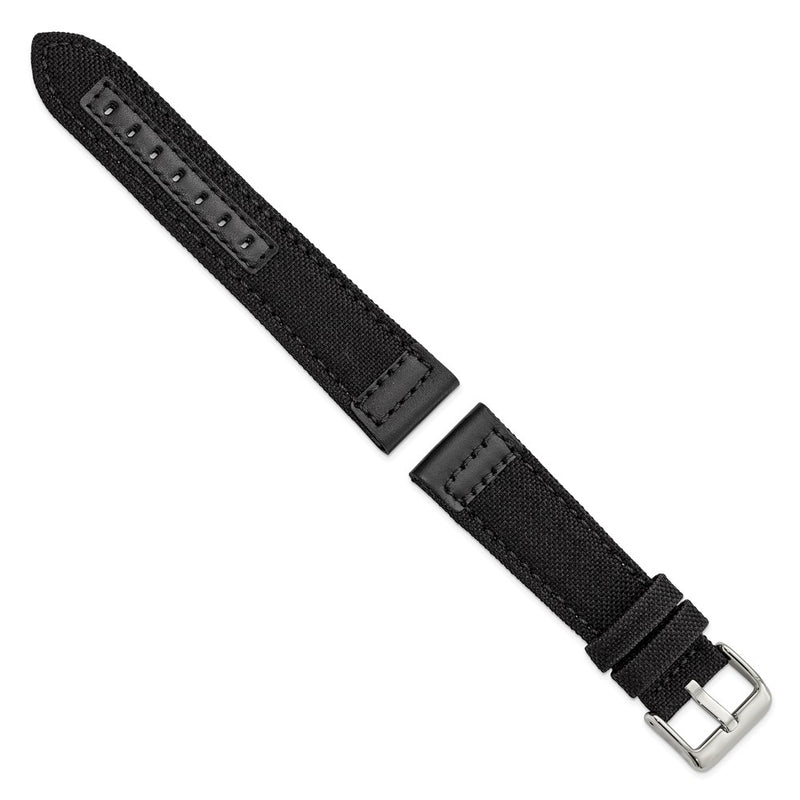 DeBeer 22mm Black Nylon Canvas with Leather Trim and Silver-tone Panerai Style Buckle 7.75 inch Watch Band