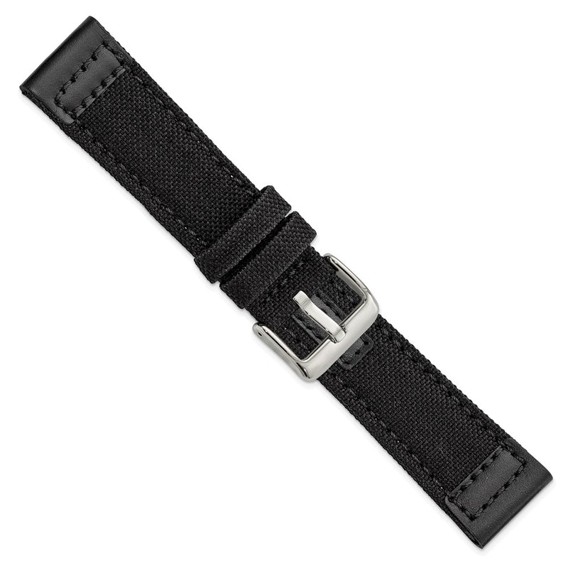 22mm Black Canvas/Leather Trim Silver-tone Buckle Watch Band