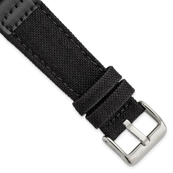 DeBeer 22mm Black Nylon Canvas with Leather Trim and Silver-tone Panerai Style Buckle 7.75 inch Watch Band