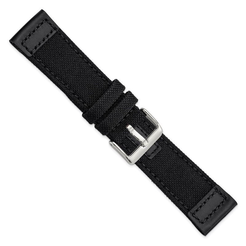 DeBeer 24mm Black Nylon Canvas with Leather Trim and Silver-tone Panerai Style Buckle 7.75 inch Watch Band