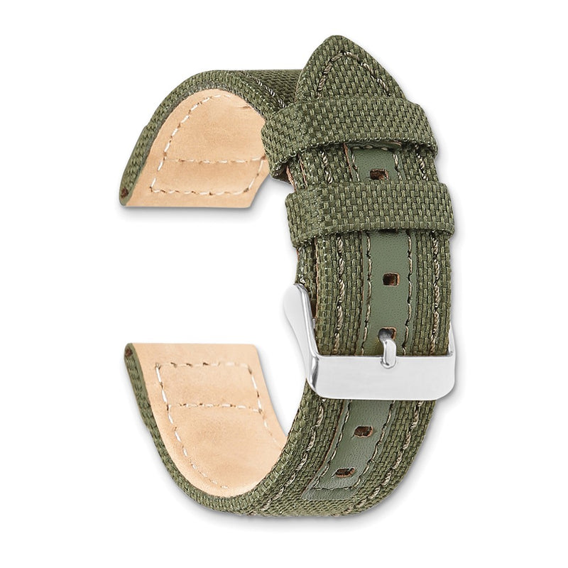 DeBeer 18mm Olive Nylon Canvas with Leather Trim and Silver-tone Panerai Style Buckle 7.75 inch Watch Band