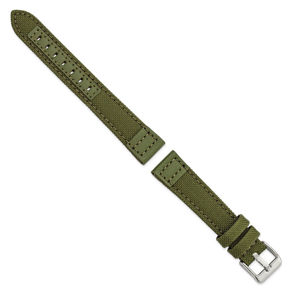 18mm Dark Green Canvas/Leather Trim Silver-tone Buckle Watch Band