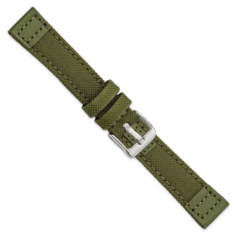 18mm Dark Green Canvas/Leather Trim Silver-tone Buckle Watch Band