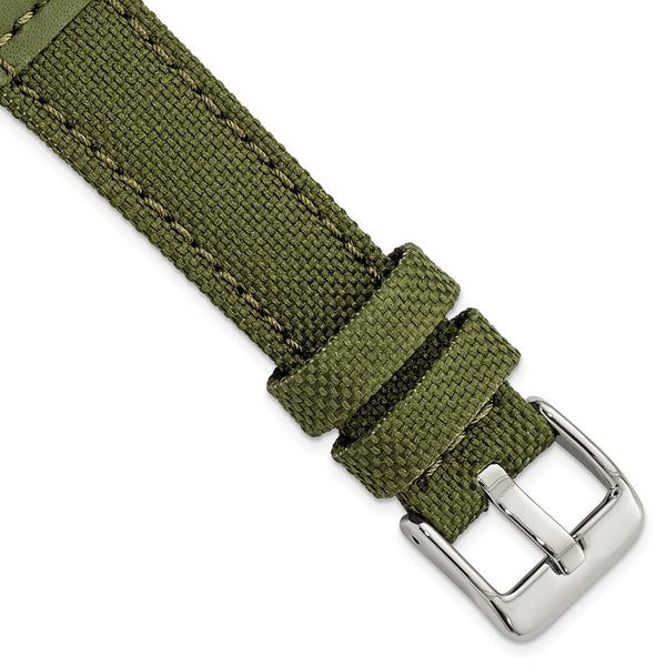 DeBeer 18mm Olive Nylon Canvas with Leather Trim and Silver-tone Panerai Style Buckle 7.75 inch Watch Band