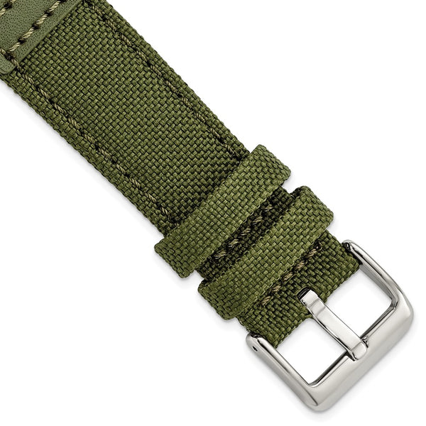 22mm Dark Green Canvas/Leather Trim Silver-tone Buckle Watch Band