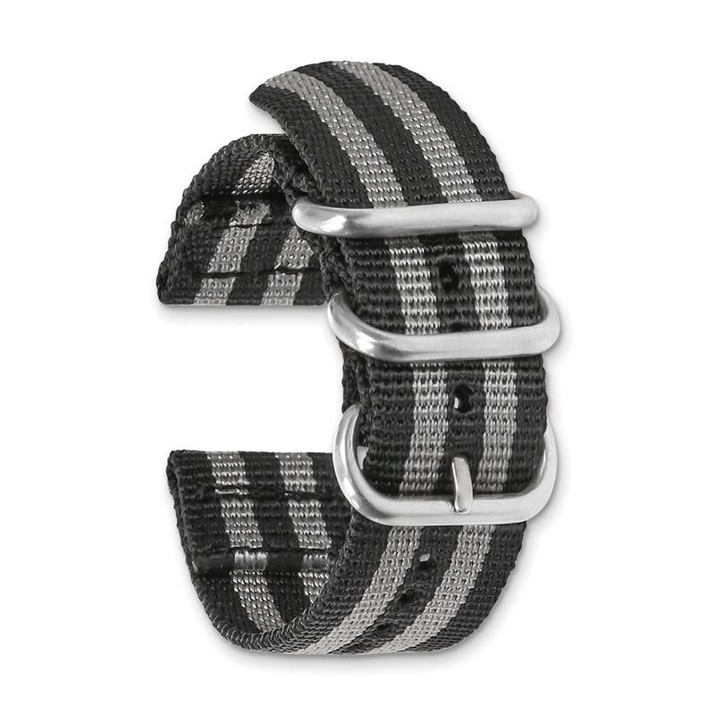 DeBeer 22mm Two-Piece Black with Grey Stripes Ballistic Nylon with Brushed Stainless Steel Buckle 8.5 inch Watch Band