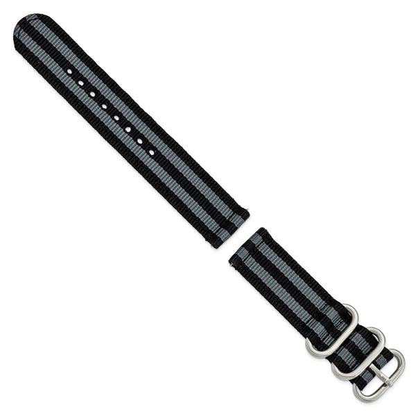 20mm Two-Piece Black/Grey Stripe Ballistic Nylon Steel Bkle Watch Band