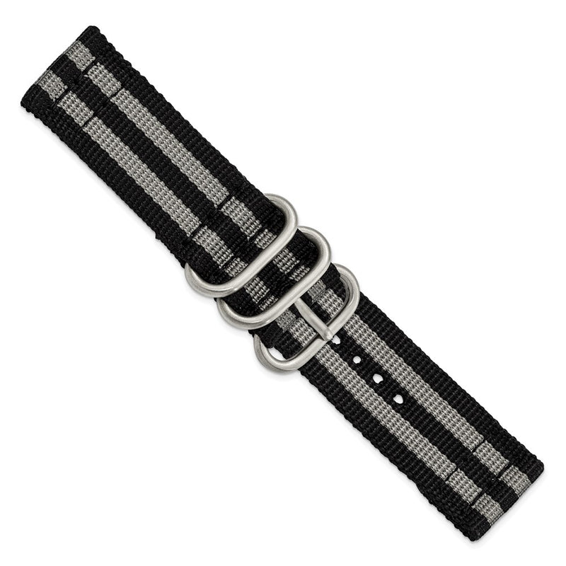 DeBeer 22mm Two-Piece Black with Grey Stripes Ballistic Nylon with Brushed Stainless Steel Buckle 8.5 inch Watch Band