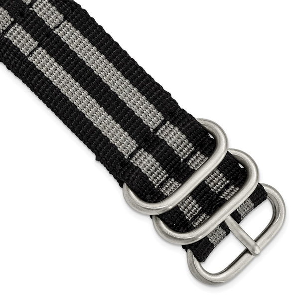 22mm Two-Piece Black/Grey Stripe Ballistic Nylon Steel Bkle Watch Band