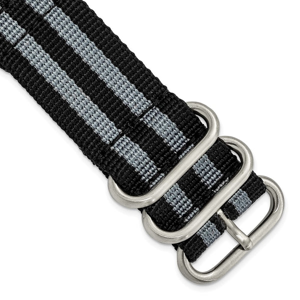 DeBeer 24mm Two-Piece Black with Grey Stripes Ballistic Nylon with Brushed Stainless Steel Buckle 8.5 inch Watch Band