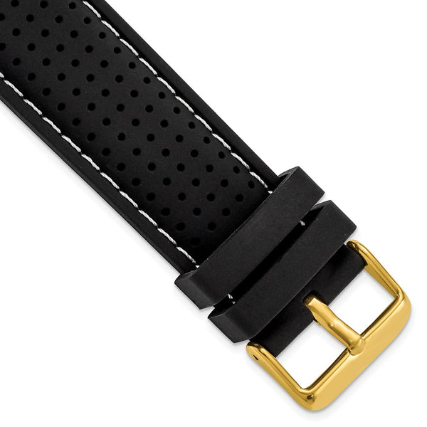 24mm Black White Stitch Ventilated Silicone Gold-tone Buckle Watch Band