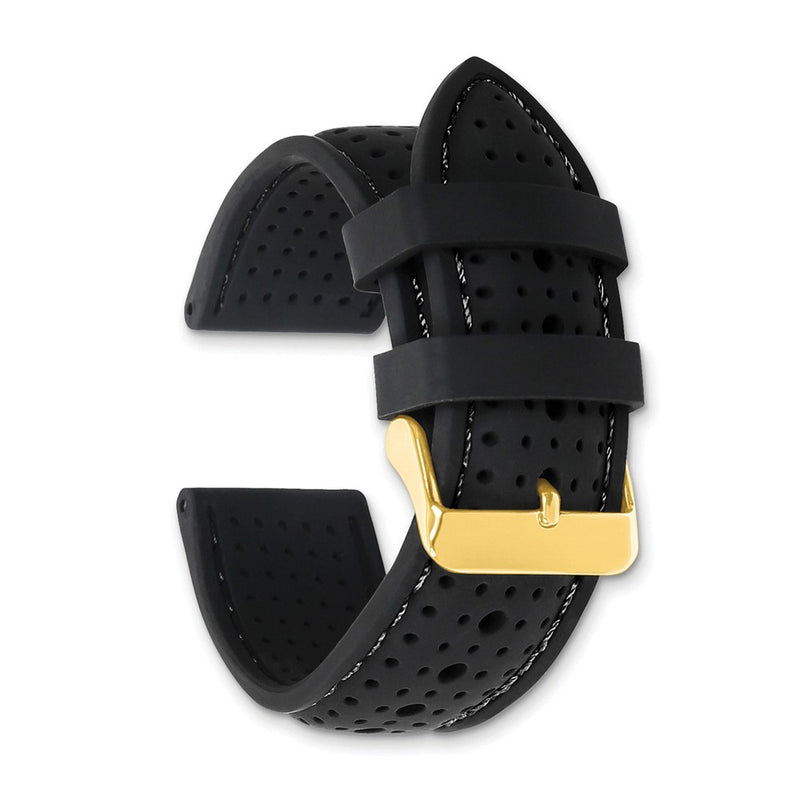 DeBeer 24mm Black Ventilated Silicone with Black Stitching and Gold-tone Buckle 8 inch Watch Band