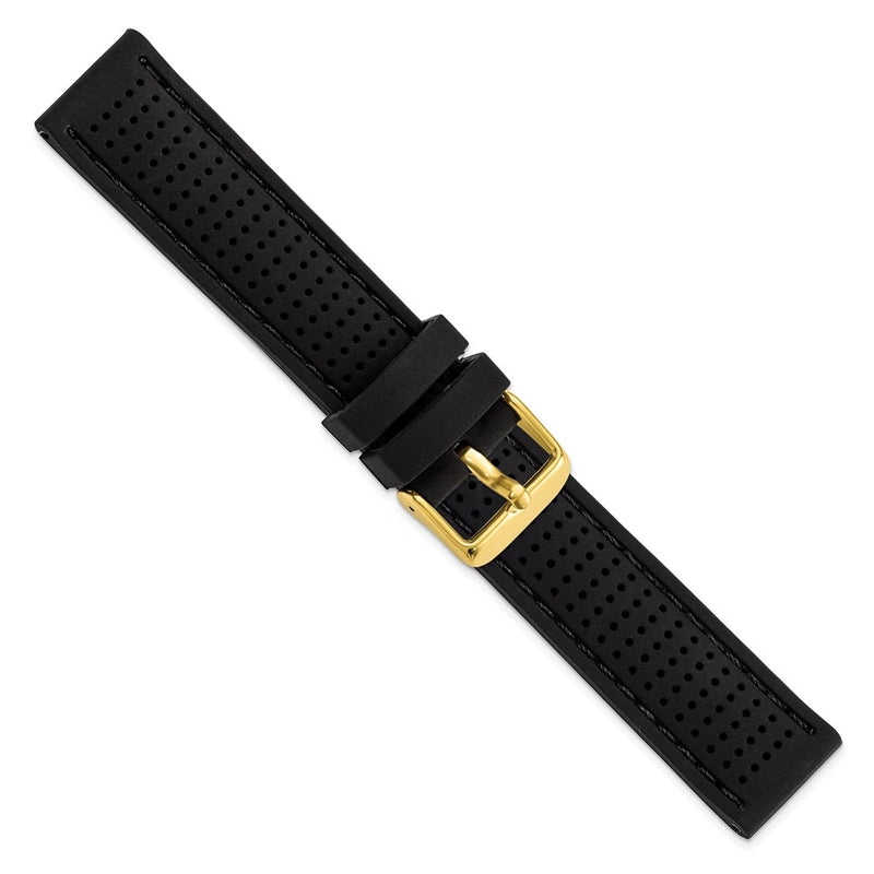 DeBeer 20mm Black Ventilated Silicone with Black Stitching and Gold-tone Buckle 8 inch Watch Band