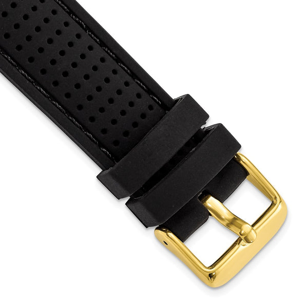DeBeer 20mm Black Ventilated Silicone with Black Stitching and Gold-tone Buckle 8 inch Watch Band