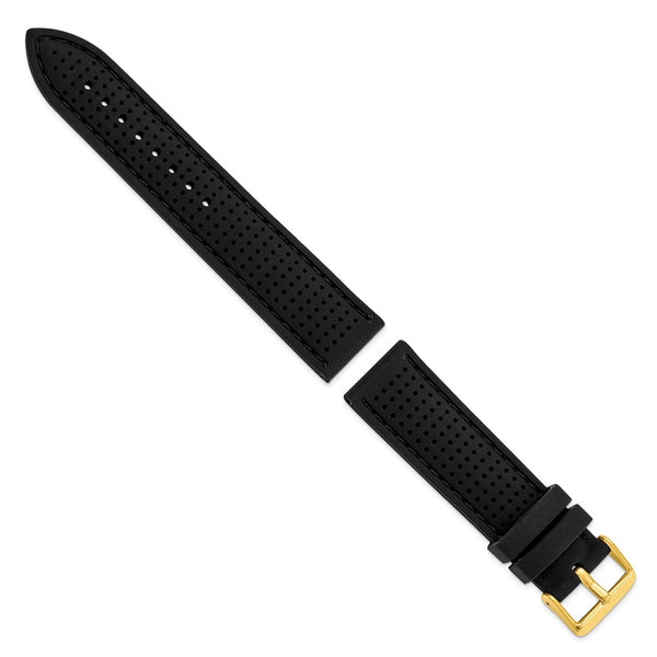 DeBeer 22mm Black Ventilated Silicone with Black Stitching and Gold-tone Buckle 8 inch Watch Band