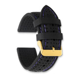 DeBeer 24mm Black Ventilated Silicone with Blue Stitching and Gold-tone Buckle 8 inch Watch Band