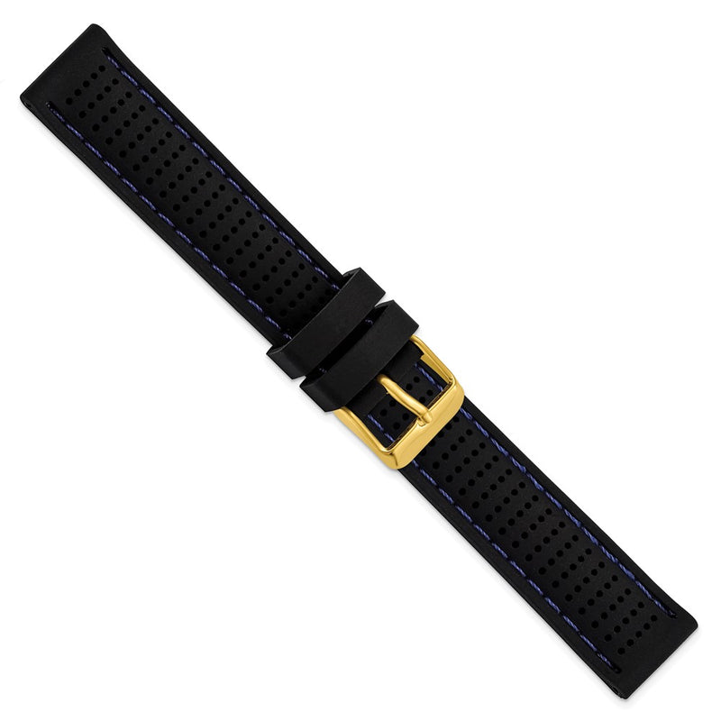 18mm Black Blue Stitch Ventilated Silicone Gold-tone Buckle Watch Band