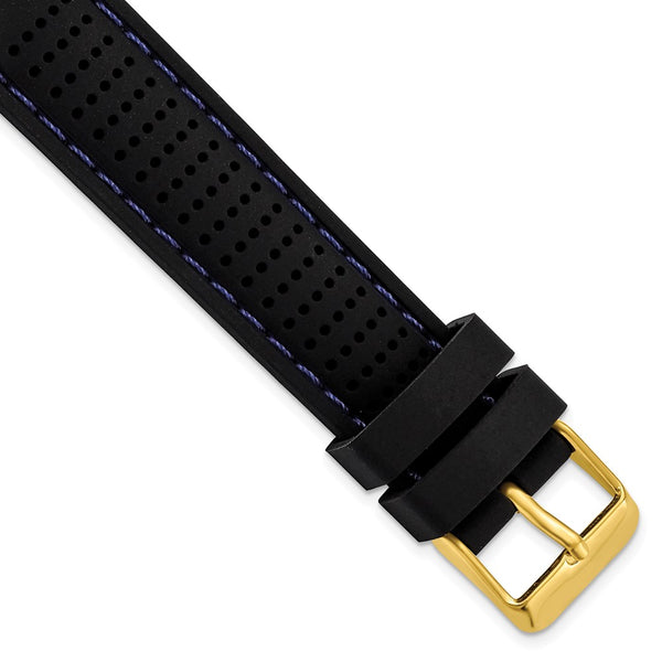 DeBeer 18mm Black Ventilated Silicone with Blue Stitching and Gold-tone Buckle 8 inch Watch Band