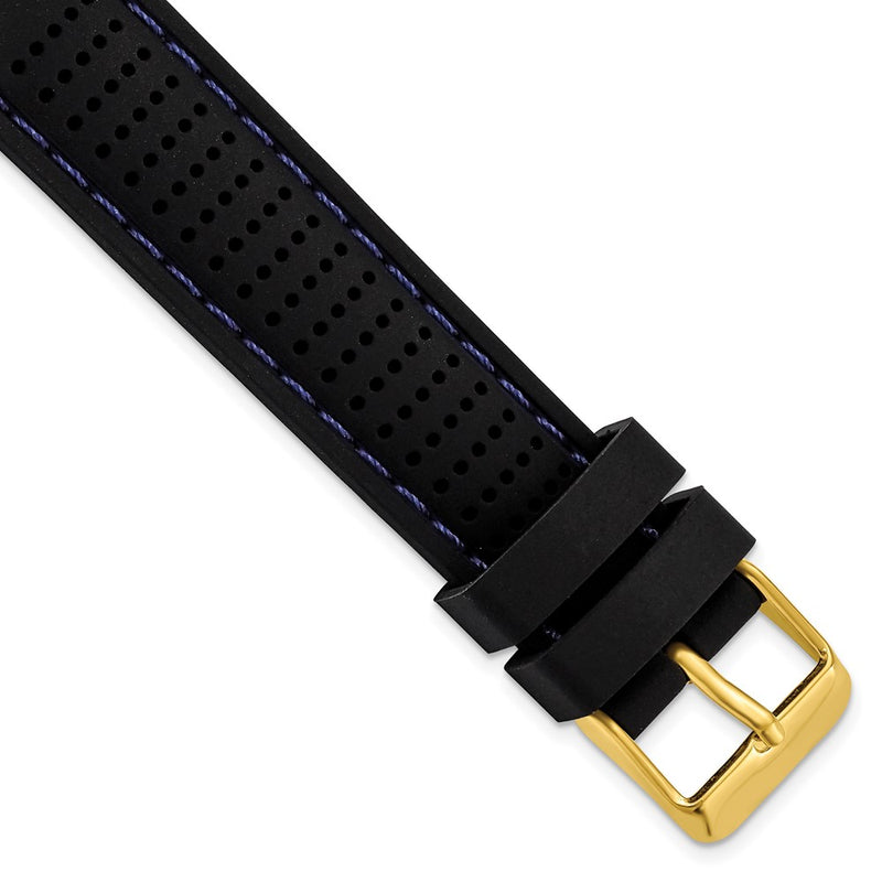 DeBeer 18mm Black Ventilated Silicone with Blue Stitching and Gold-tone Buckle 8 inch Watch Band