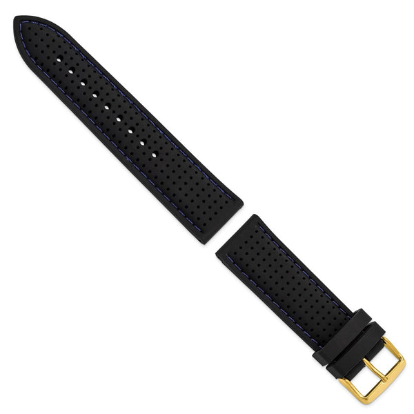 DeBeer 24mm Black Ventilated Silicone with Blue Stitching and Gold-tone Buckle 8 inch Watch Band
