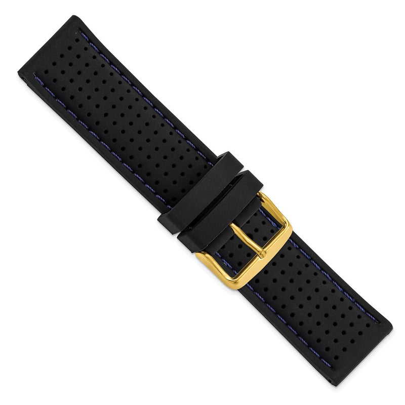 DeBeer 24mm Black Ventilated Silicone with Blue Stitching and Gold-tone Buckle 8 inch Watch Band