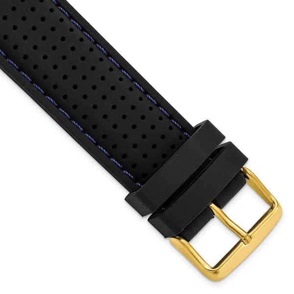 DeBeer 24mm Black Ventilated Silicone with Blue Stitching and Gold-tone Buckle 8 inch Watch Band
