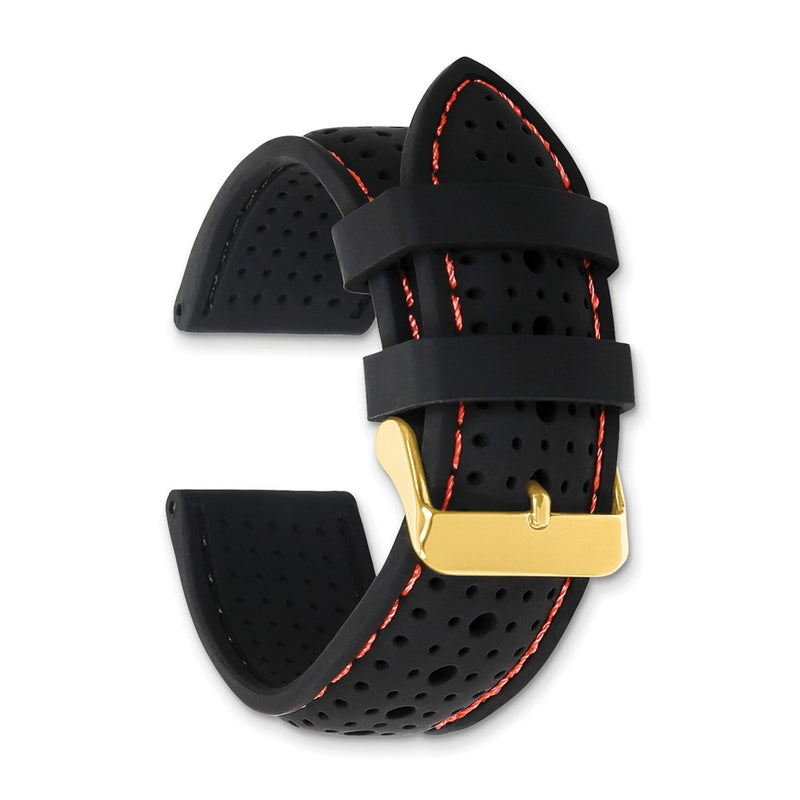 DeBeer 24mm Black Ventilated Silicone with Red Stitching and Gold-tone Buckle 8 inch Watch Band