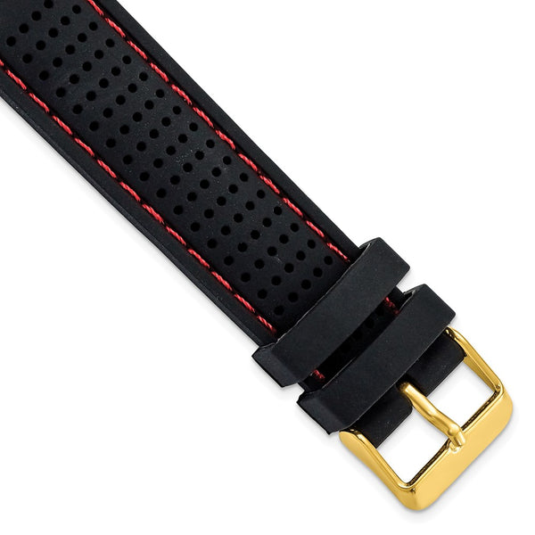 20mm Black Red Stitch Ventilated Silicone Gold-tone Buckle Watch Band