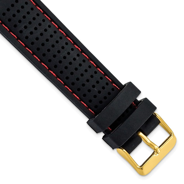 DeBeer 20mm Black Ventilated Silicone with Red Stitching and Gold-tone Buckle 8 inch Watch Band