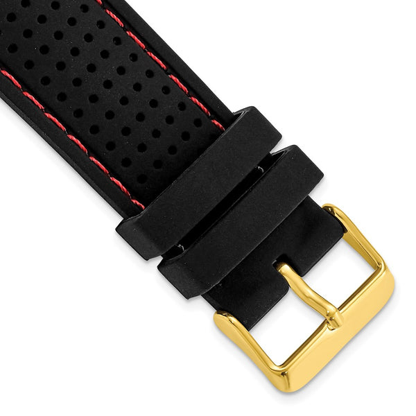 DeBeer 22mm Black Ventilated Silicone with Red Stitching and Gold-tone Buckle 8 inch Watch Band