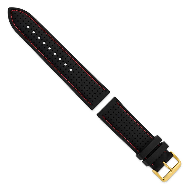 DeBeer 24mm Black Ventilated Silicone with Red Stitching and Gold-tone Buckle 8 inch Watch Band