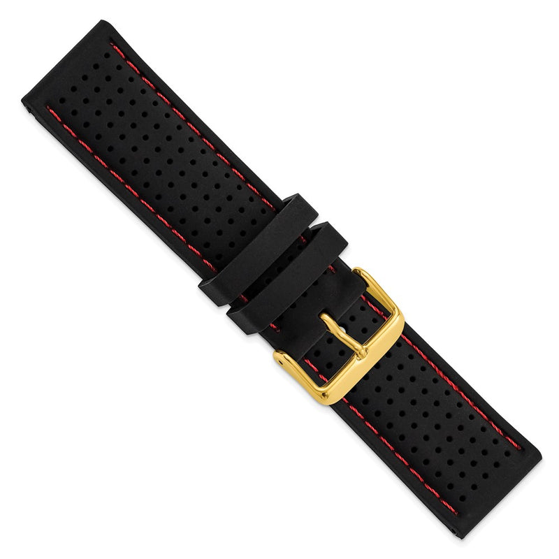 DeBeer 24mm Black Ventilated Silicone with Red Stitching and Gold-tone Buckle 8 inch Watch Band