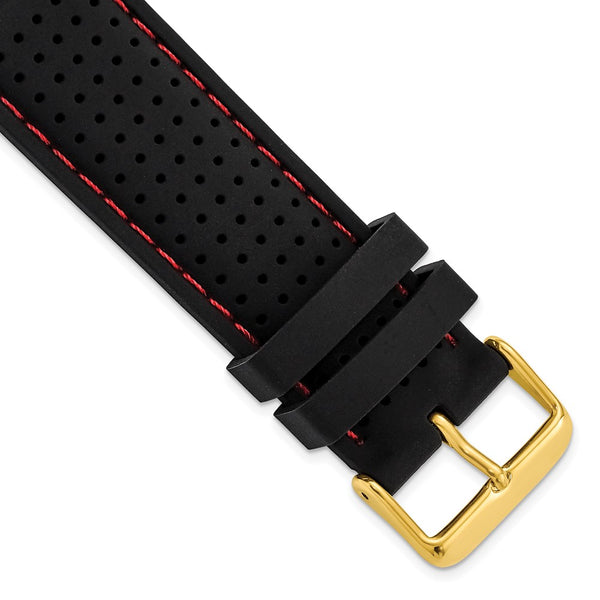 DeBeer 24mm Black Ventilated Silicone with Red Stitching and Gold-tone Buckle 8 inch Watch Band