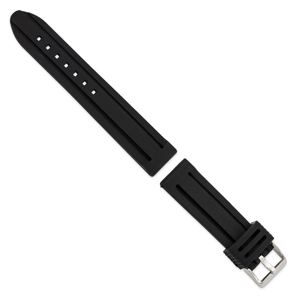 22mm Black Ribbed Silicone Silver-tone Buckle Watch Band