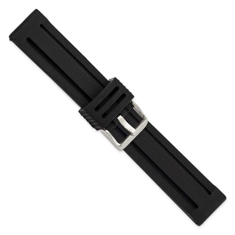 22mm Black Ribbed Silicone Silver-tone Buckle Watch Band