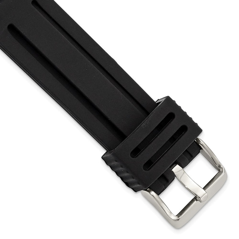 22mm Black Ribbed Silicone Silver-tone Buckle Watch Band