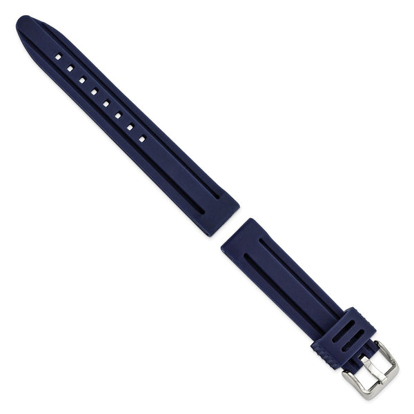 18mm Navy Ribbed Silicone Silver-tone Buckle Watch Band