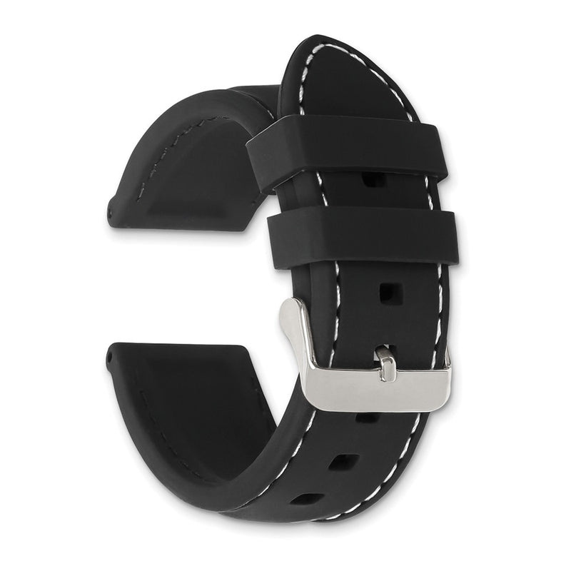 20mm Black Smooth Silicone White Stitch Silver-tone Buckle Watch Band