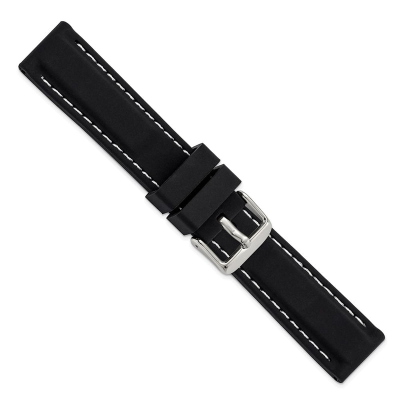 20mm Black Smooth Silicone White Stitch Silver-tone Buckle Watch Band