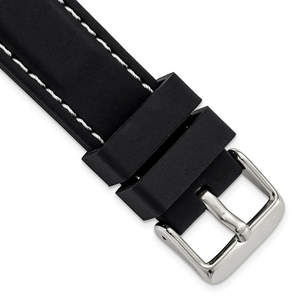 20mm Black Smooth Silicone White Stitch Silver-tone Buckle Watch Band